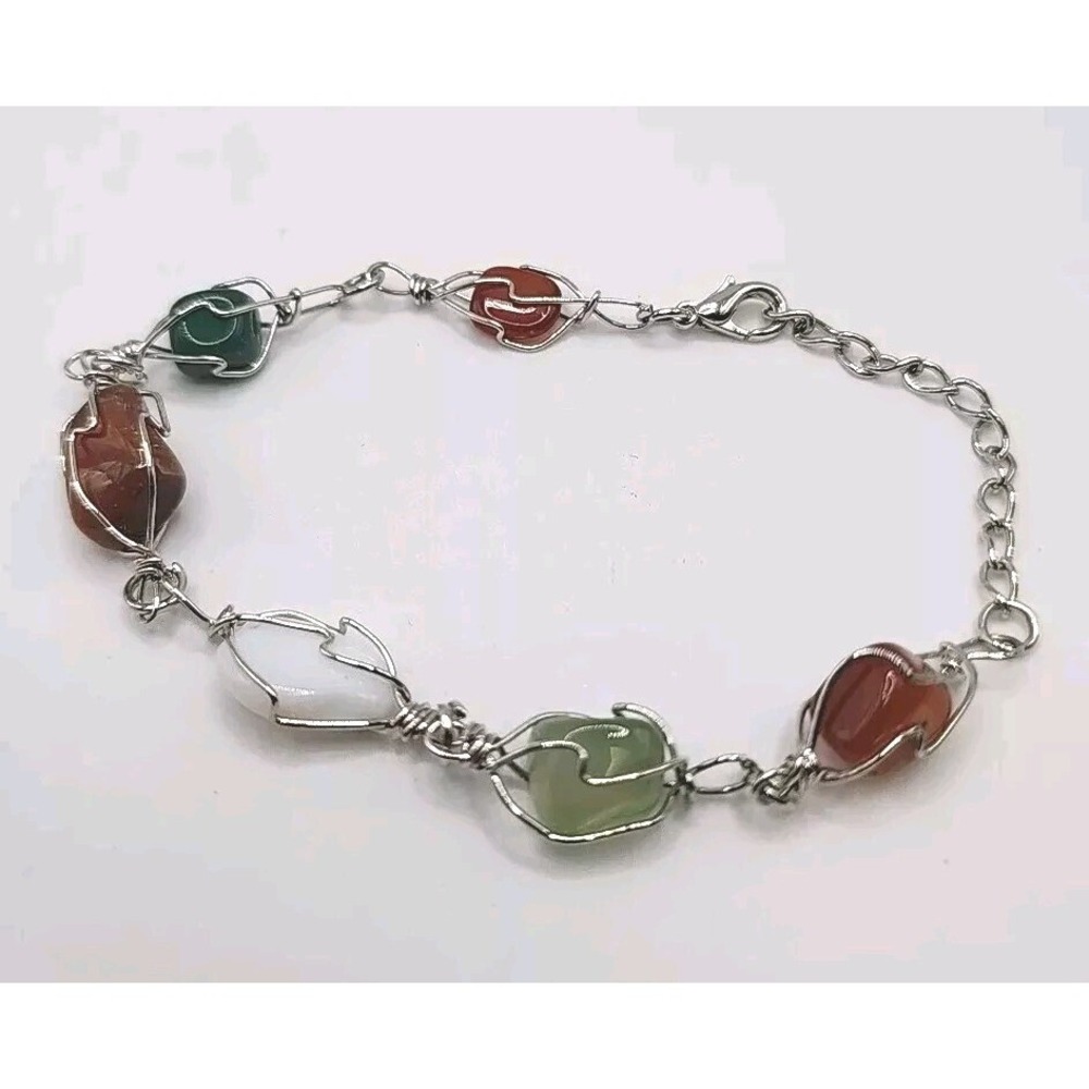 Vintage Polished Multicolor Quartz Stone Silver Tone Wire Wrap Art Boho Bracelet - Picture 2 of 10